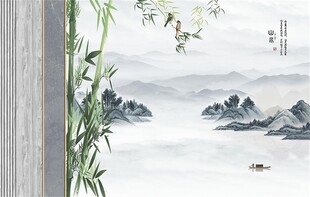 新中式格栅竹报平安山水