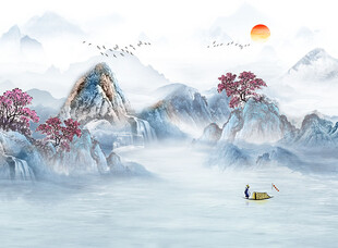 蓝色中式山水意境水墨