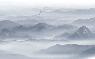 蓝色大气水墨山水画背景墙
