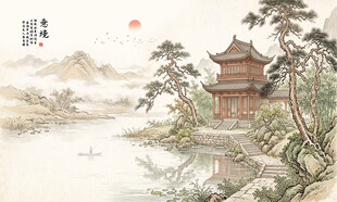 简约宋氏美学山水画壁画壁纸