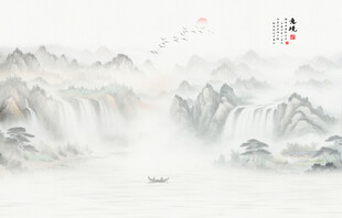 新中式水墨山水装饰壁画背景墙