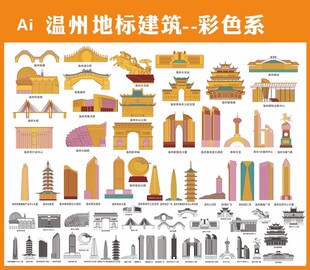 温州地标建筑插画彩色