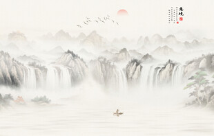 新中式国画山水画电视背景墙