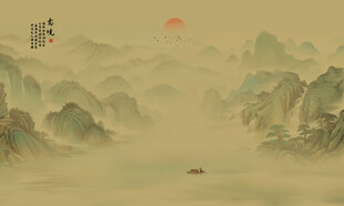 新中式古风国画山水背景墙壁画