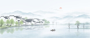 新中式山水情水墨江南背景墙壁画