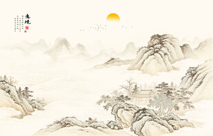 中式古代宋代古风山水画背景壁画