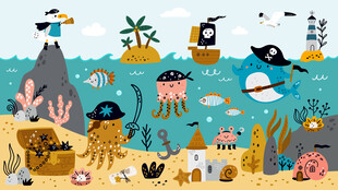海洋冒险可爱动物海盗儿童背景墙