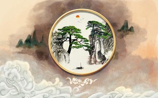 新中式迎客松背景墙
