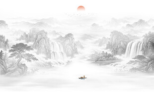 水墨流水生财山水背景墙