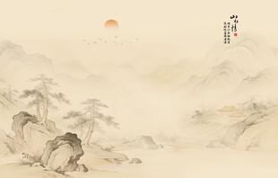新中式古风古典山水画背景壁画