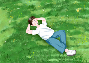 躺卧草坪的男子插画