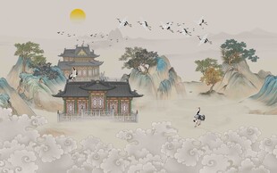 中式线描山水风景
