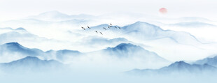 蓝色大气水墨山水画背景墙
