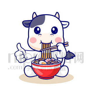 萌趣奶牛小牛吃面条卡通插画