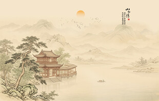 新中式古风美容院屏风山水壁画