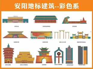 安阳地标建筑彩色插画