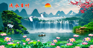 荷花山水风景画