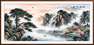 旭日迎客松山水国画