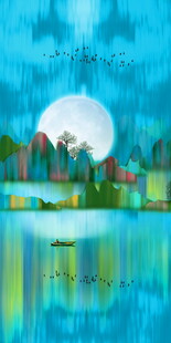 月夜山湖水景玄关装饰画