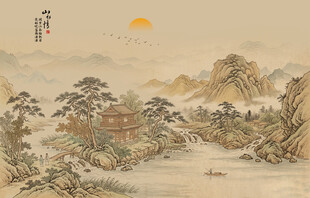 中式古风古典山水画背景墙